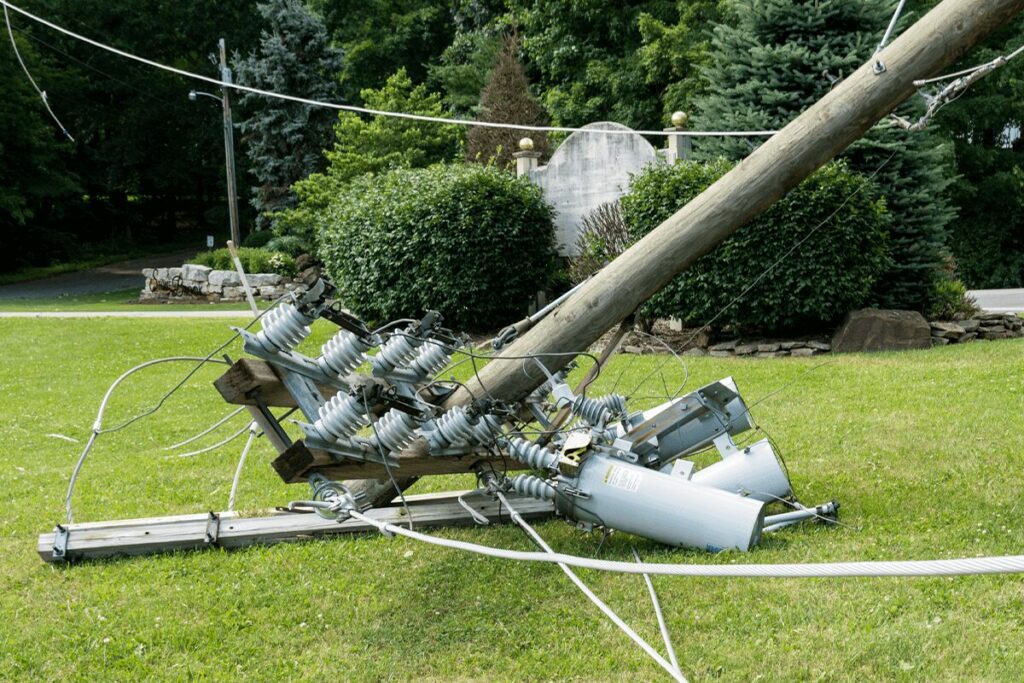 Fallen power line and transformer damaged by summer storm in Shreveport